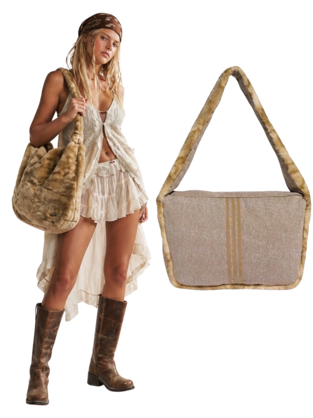 Adidas Originals Faux Fur Shopper Tote Body Bag JY2568 Shoulder Brown Festival